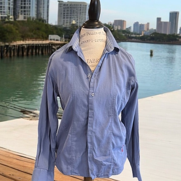 Franky Max cotton button down shirt. Baby blue with white stitching accent - Picture 5 of 16
